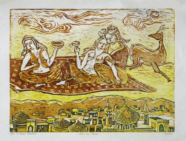Anflug auf Teheran, 4-Farben-Holzschnitt, 50 × 60 cm
