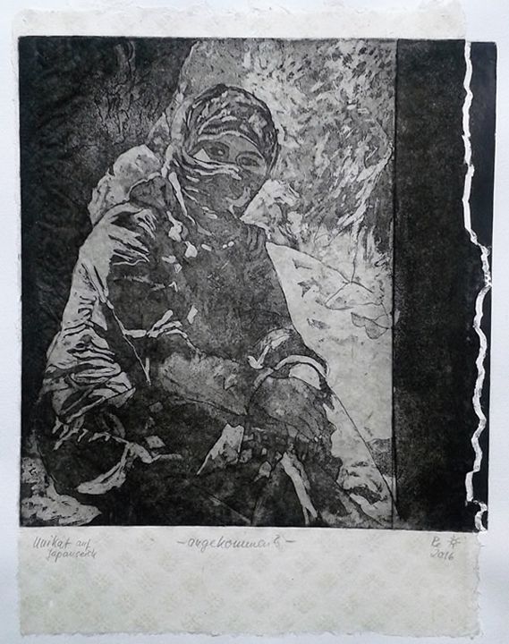 Angekommen, Aquatinta, 24 × 26 cm