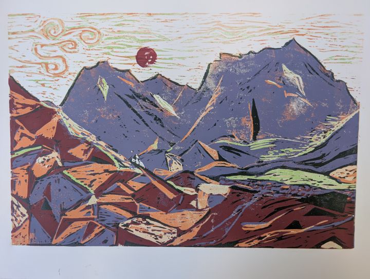 Berglandschaft mit roter Sonne, Farbholzschnitt