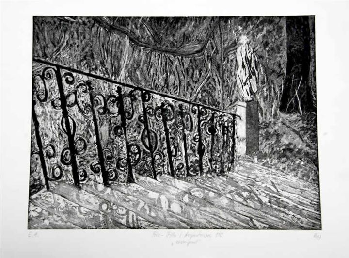 Bilzvilla Treppe absteigend, Aquatinta, 29,5 × 39 cm