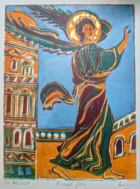 Erzengel Gabriel, Farbholzschnitt, 22 × 30 cm