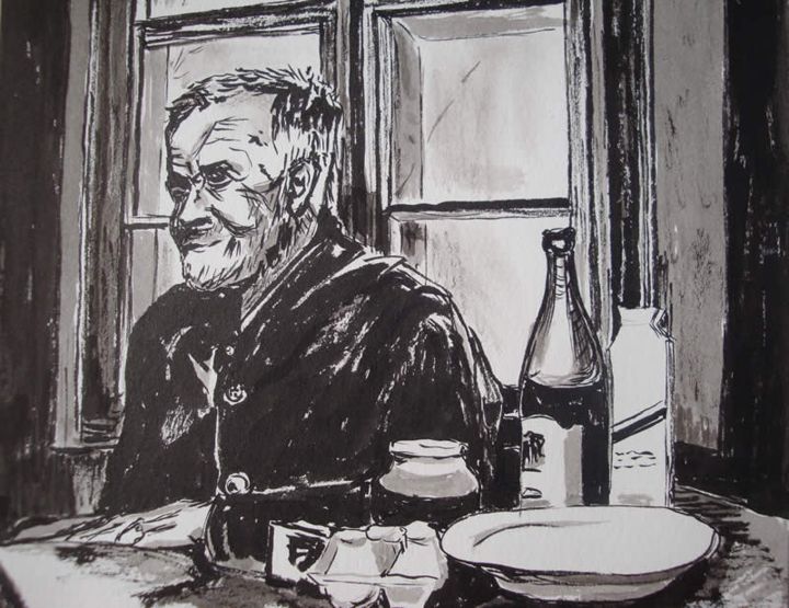 Feierabend, Tuschmalerei, 20 × 21