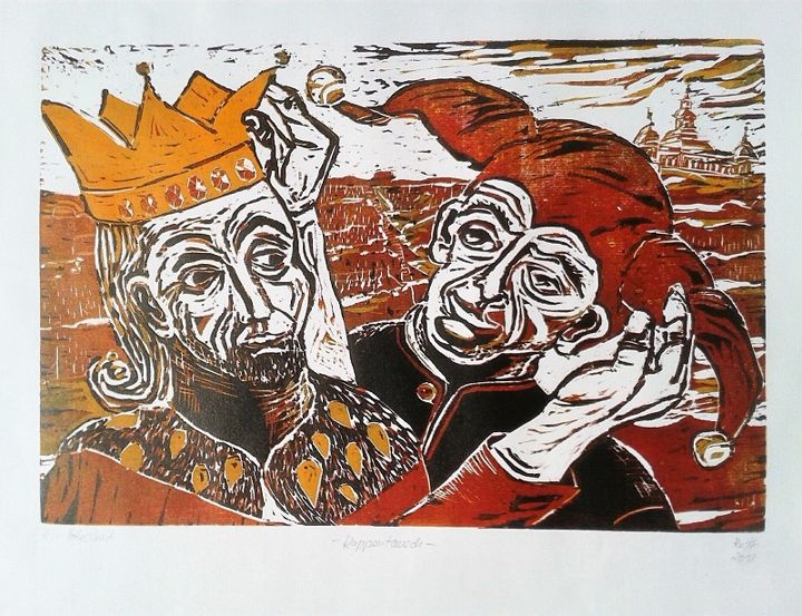 Kappentausch, Holzschnitt, 30 × 45 cm