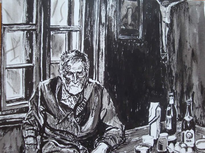 Montafoner Waldbauer, Tuschmalerei, 30 × 45