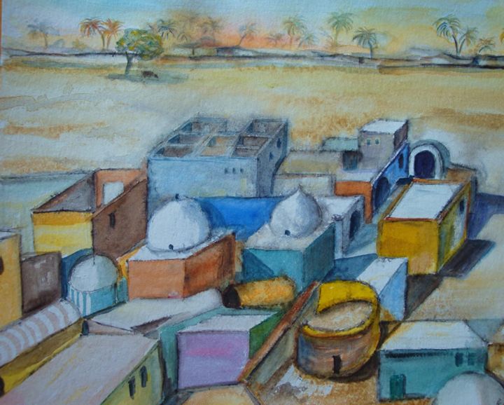 Nubier Dorf, Aquarell